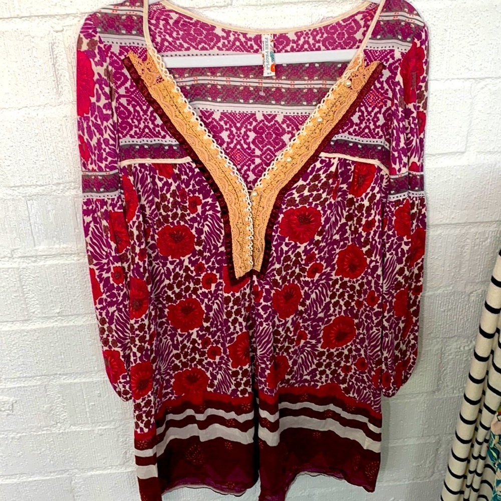 Free People Linen Embroidered Pearl Long Sleeve Tunic Top sz S